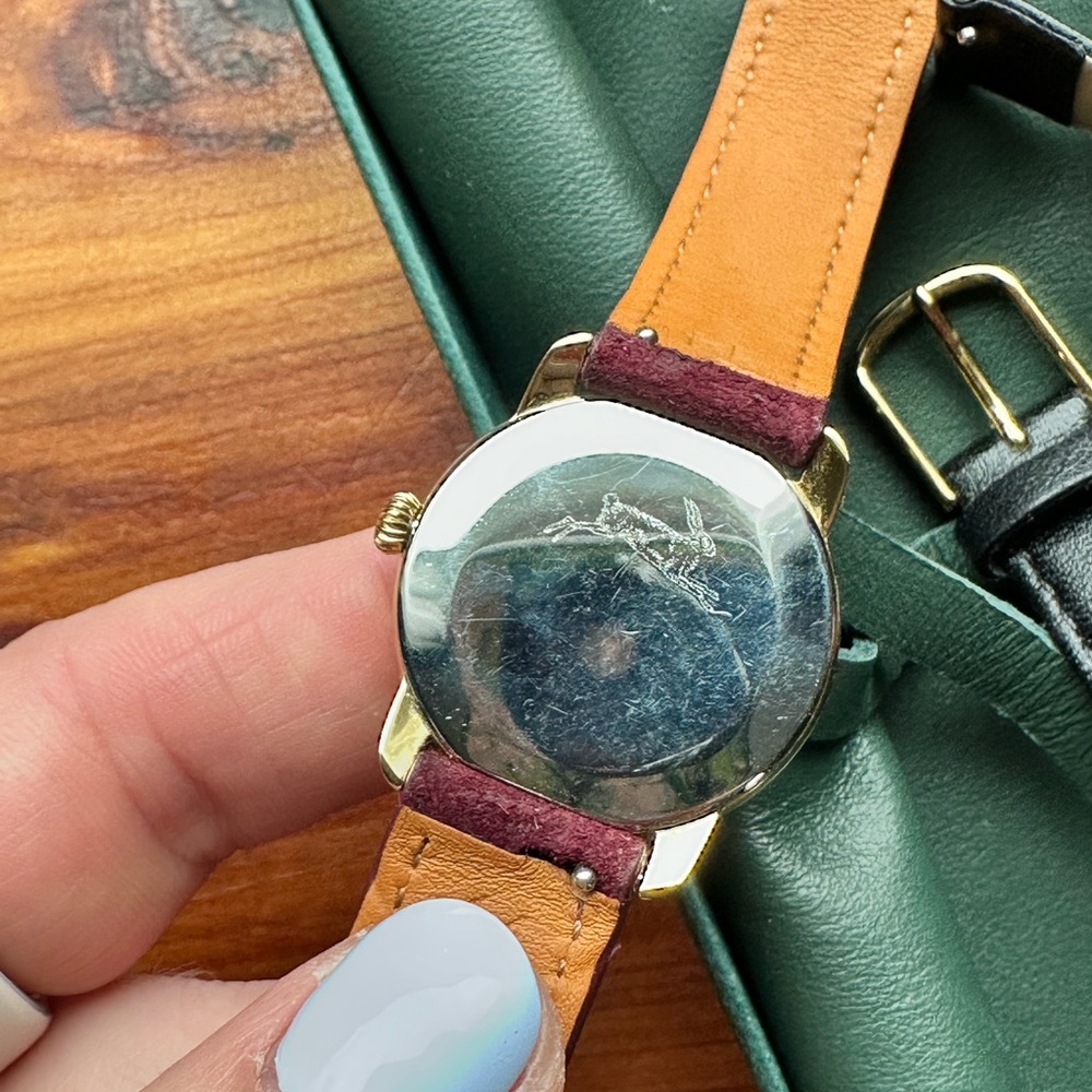 Classic Women's Gold Case Watch with Burgundy Suede Strap - Picture 5 of 5